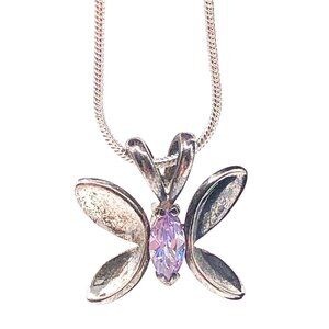 Sterling Silver Butterfly Pendant on 21" Snake Chain Pale Purple Marquise Stone